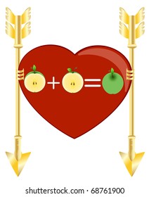 Red heart with green apples and two gold arrows