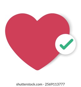 red heart with a green check mark symbolizes approval, love, and positivity, design with a cute vector style for Valentine's Day, featuring affection and romance, isolated on a white background