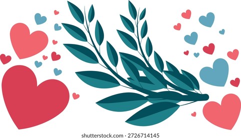 Corazón rojo con follaje verde, Ilustración vectorial de amor y ternura, emociones y estado de ánimo, corazones sobre un fondo de plantas