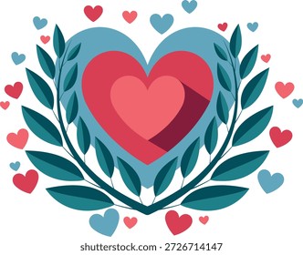 Corazón rojo con follaje verde, Ilustración vectorial de amor y ternura, emociones y estado de ánimo, corazones sobre un fondo de plantas