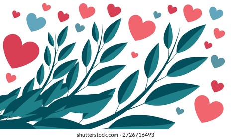 Corazón rojo con follaje verde, Ilustración vectorial de amor y ternura, emociones y estado de ánimo, corazones sobre un fondo de plantas