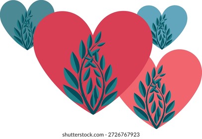 Corazón rojo con follaje verde, Ilustración vectorial de amor y ternura, emociones y estado de ánimo, corazones sobre un fondo de plantas