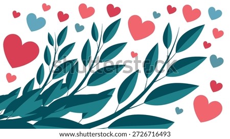 Red heart with green foliage, vector illustration of love and tenderness, emotions and state of mind, hearts on a background of plants