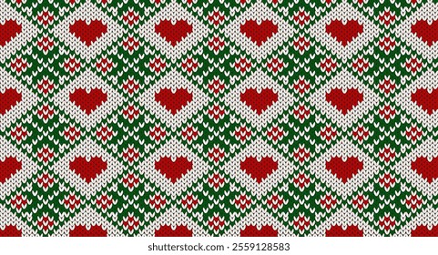 Red heart and green geometric knitted pattern, Festive Sweater Design. Seamless Knitted Pattern