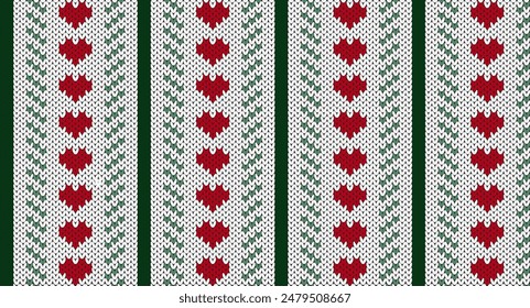 Red heart and green line knitted pattern, Festive Sweater Design. Seamless Knitted Pattern, Christmas concept.