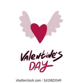 Red heart with grey wings. Valentines day lettering. Vector illustration EPS 10.