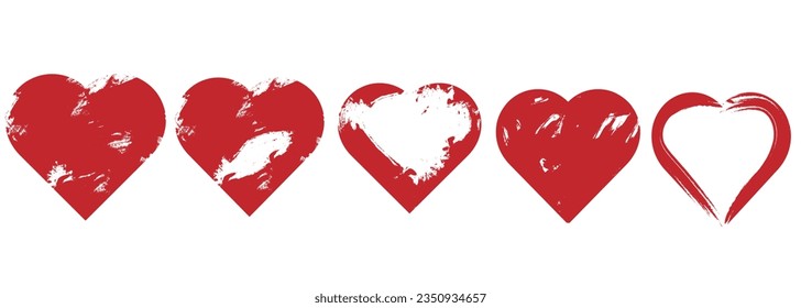 Red heart grunge icon with brush painting isolated on white background