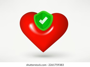 Red heart with guard shield. Life ensurance concept. 3d vector illustration
