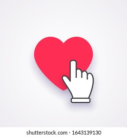 Red heart and hand cursor icon. Mockup like and hand cursor. Vector illustration. EPS 10