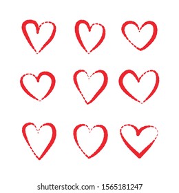 Red Heart hand drawn icons vector set isolated on white background. For Valentine's day, banners, posters and wallpaper. Collection of hearts for creative art. Hearts of love.
