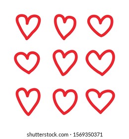 Red Heart hand drawn icons vector set isolated on white background. For Valentine's day, banners, posters and wallpaper. Collection of hearts for creative art. Hearts of love.