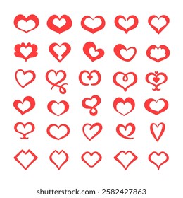 Red heart hand drawn love icons. Valentine's day shaped elements heart set in different pose and style.