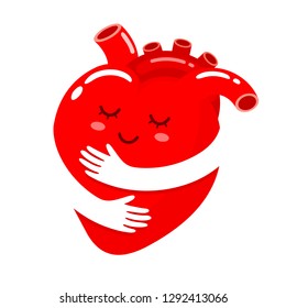 Red heart with hand embrace. human organ cartoon character. icon design. Health care concept. World heart day. Illustration isolated on white background.
