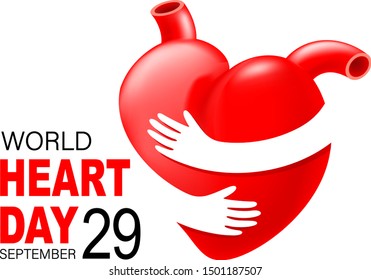 Red heart with hand embrace. Human organ icon design. Health care concept. World heart day. Illustration isolated on white background.