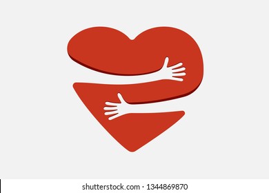 Corazón rojo con abrazo manual. Ilustración del vector