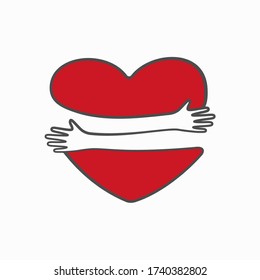 Red heart with hand embrace. Vector illustration