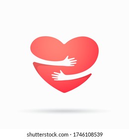 Red heart with hand embrace. Vector illustration