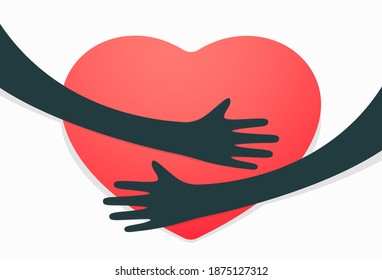 Red heart with hand embrace. Vector illustration