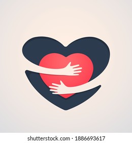 Red heart with hand embrace. Vector illustration