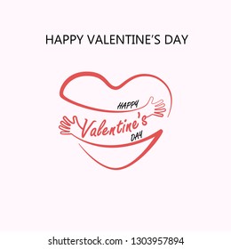 Red heart & hand embrace.Valentines romantic greeting card logo.Love Retro vintage logo.Love and Heart Care icon.Happy Valentines Day Typography Poster.Handwritten Calligraphy Text.Vector illustration