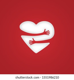 Red heart with hand hugs embrace. Vector illustration