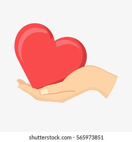 Red heart in hand. Icon clemency, charity, grace, graciousness, ruth, alms concept. Vector stock illustration