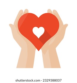 Red heart in hand. Logo design of love. Care concept. Vector illustration