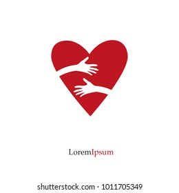 Red heart and hand. Love, Hope, Care Logo, Vector Illustration