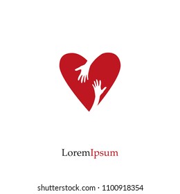 Red heart and hand. Love, Hope, Care Logo, Vector Illustration