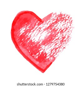 Red heart hand painted with brush isolated on white. Grunge destroyed heart vector illustration. Watercolor painting effect. Easy to edit vector element of design for your artworks.