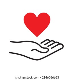 red heart in hand palm, linear, vector illustration 