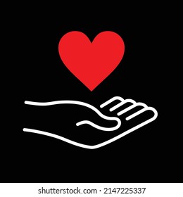red heart in hand palm, linear, black background, vector illustration 