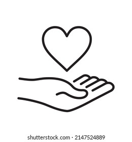 red heart in hand palm, linear, vector illustration 