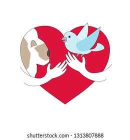 Red heart with hand raising dog and bird. Love animal concept. Vector illustration.