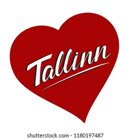 Red heart with hand sketched "Tallinn" lettering typography. Drawn art sign. Modern calligraphy. For Estonian souvenir, card, postcard, badge, icon, logo, banner, tag. Tourist vector illustration EPS 