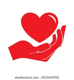 Red heart in hand. Vector icon for healthcare providers, charities, and community organizations
