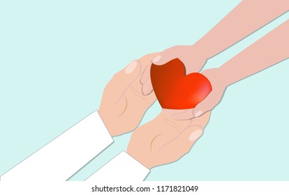 Red heart in hands. Concept of health, medicine, care and support. Romantic background. 