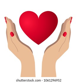 Red Heart in Hands Icons. Vector Illustration. Flat Style. Siimple Icons isolated on White Background. Medical, Hospital, Cardio, Health, Heart, Love, Gift Decorative Design.