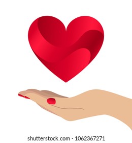Red Heart in Hands Icons. Vector Illustration. Flat Style. Siimple Icons isolated on White Background. Medical, Hospital, Cardio, Health, Heart, Love, Gift Decorative Design.