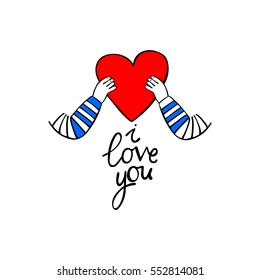 Red heart in hands. I love you. Isolated vector objects on white background.