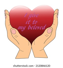 Ein rotes Herz in den Händen eines Mannes. Das Konzept der Liebe, Hingabe und bedingungslose Liebe. Ein Artikel zum Valentinstag, Hochzeit. Flache Vektorgrafik auf weißem Hintergrund.