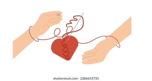 Red heart in hands man and woman. Hands sew up a broken heart. Reconciliation concept.