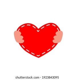 Corazón rojo en manos sobre un fondo blanco aislado en un estilo plano, caricatura. Conjunto vectorial y romántico de corazones para decoraciones, tarjetas de saludo, etiquetas, invitaciones, envoltura de regalo.
