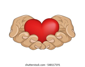 Red heart in the hands. Palms open. Hand gives or receives. Vector illustration on white background.