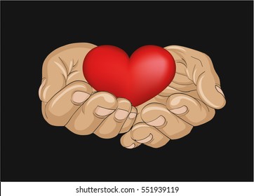 Red heart in the hands. Palms open. Hand gives or receives. Vector illustration on black background.
