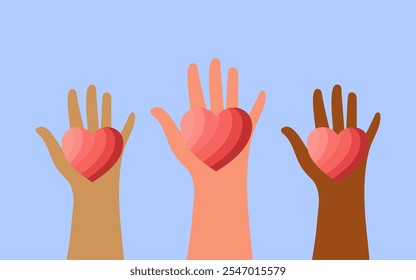 Red heart in the hands of people of different nationalities, raised up on a light blue background. Vector.