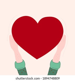 El corazón rojo en las manos. Símbolo romántico de fiesta, Día de San Valentín. Ilustración vectorial.