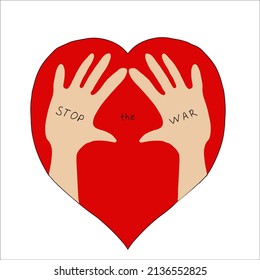 red heart with hands saying no to war