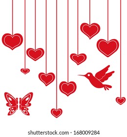 Red heart hanging on a string, hand drawing Valentines vector illustration