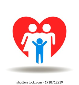 Red heart and happy family vector icon. People care symbol. Safety health sign. Kids and parenting love illustration.